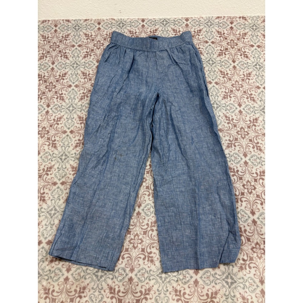 Tahari Essentials 100% Linen Wide Leg Pants Blue Chambray Elastic Waist Mens M